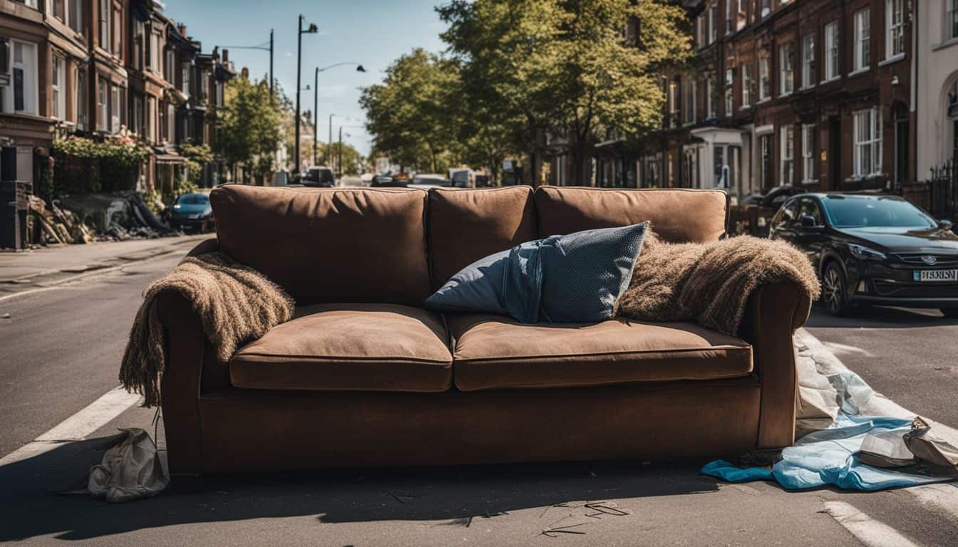 An abandoned sofa on the city curb with a removal truck nearby.