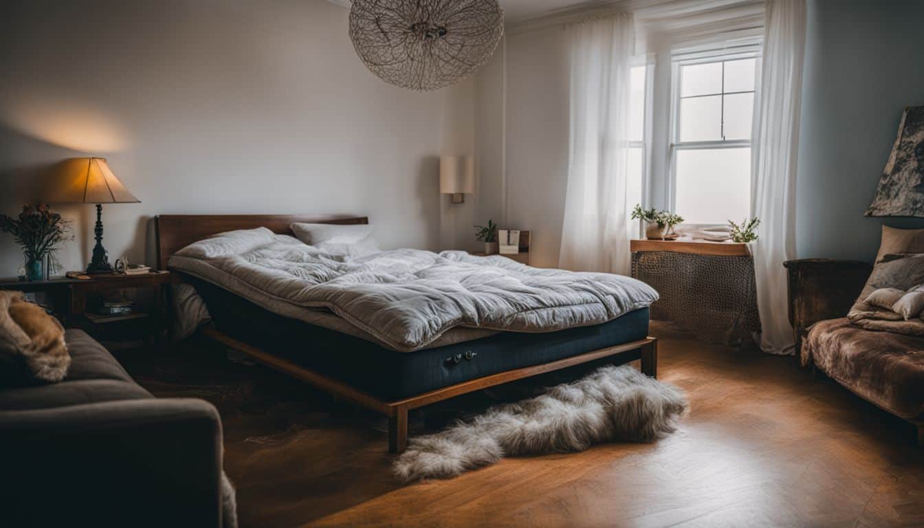 The photo portrays a worn-out mattress in a cluttered bedroom.