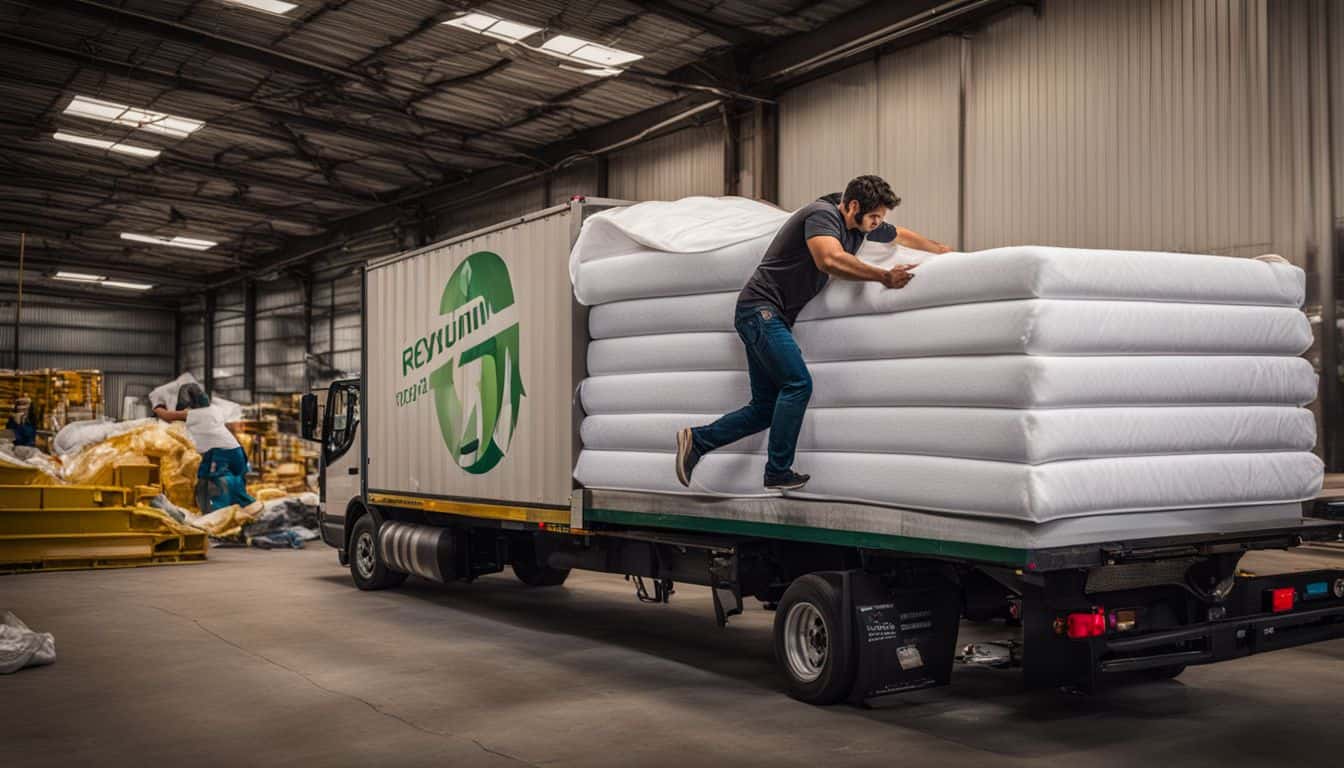 A mattress being loaded onto a recycling truck in an eco-friendly facility.