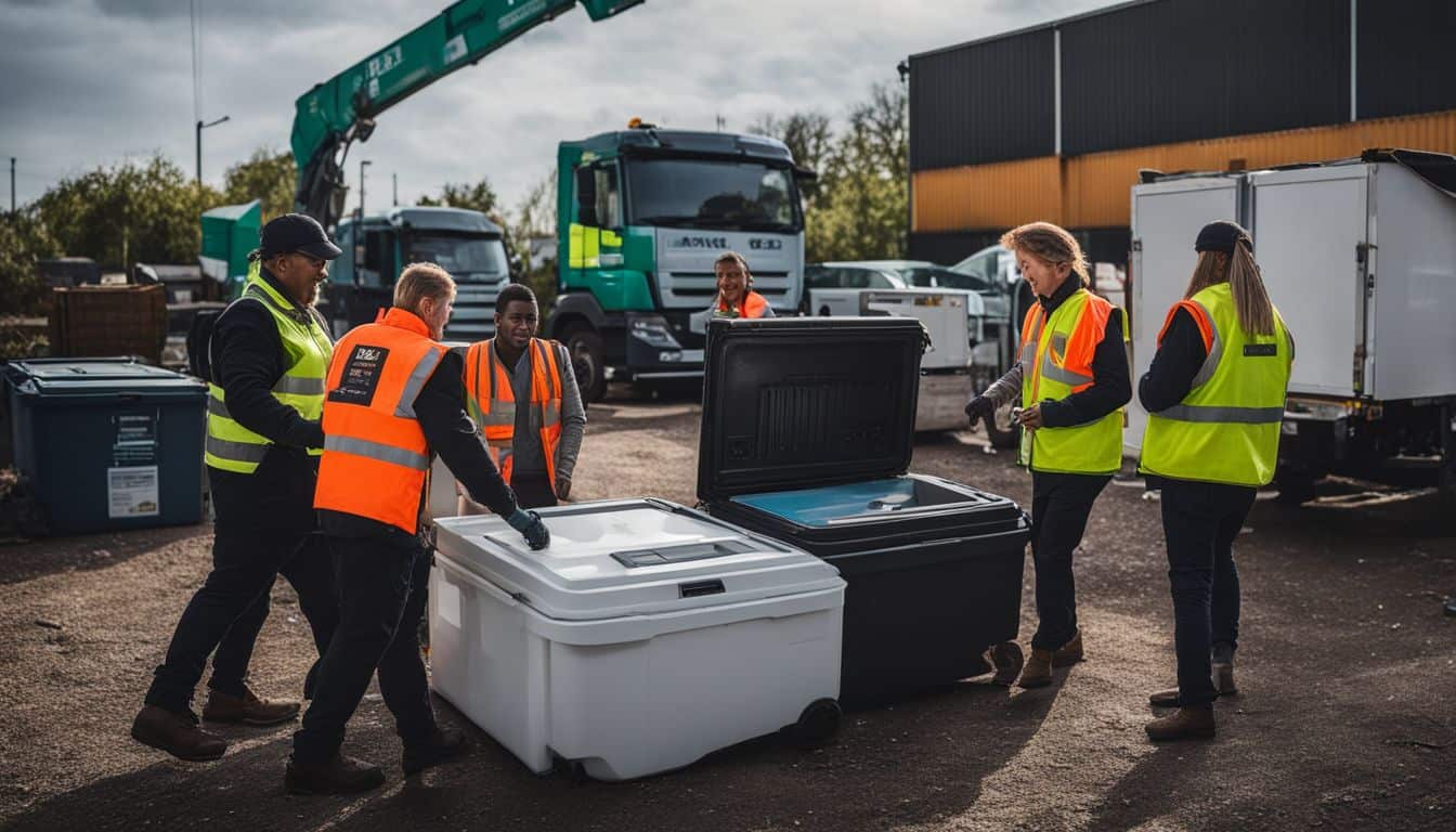 Local council workers collecting old fridge freezers at a recycling centre.
