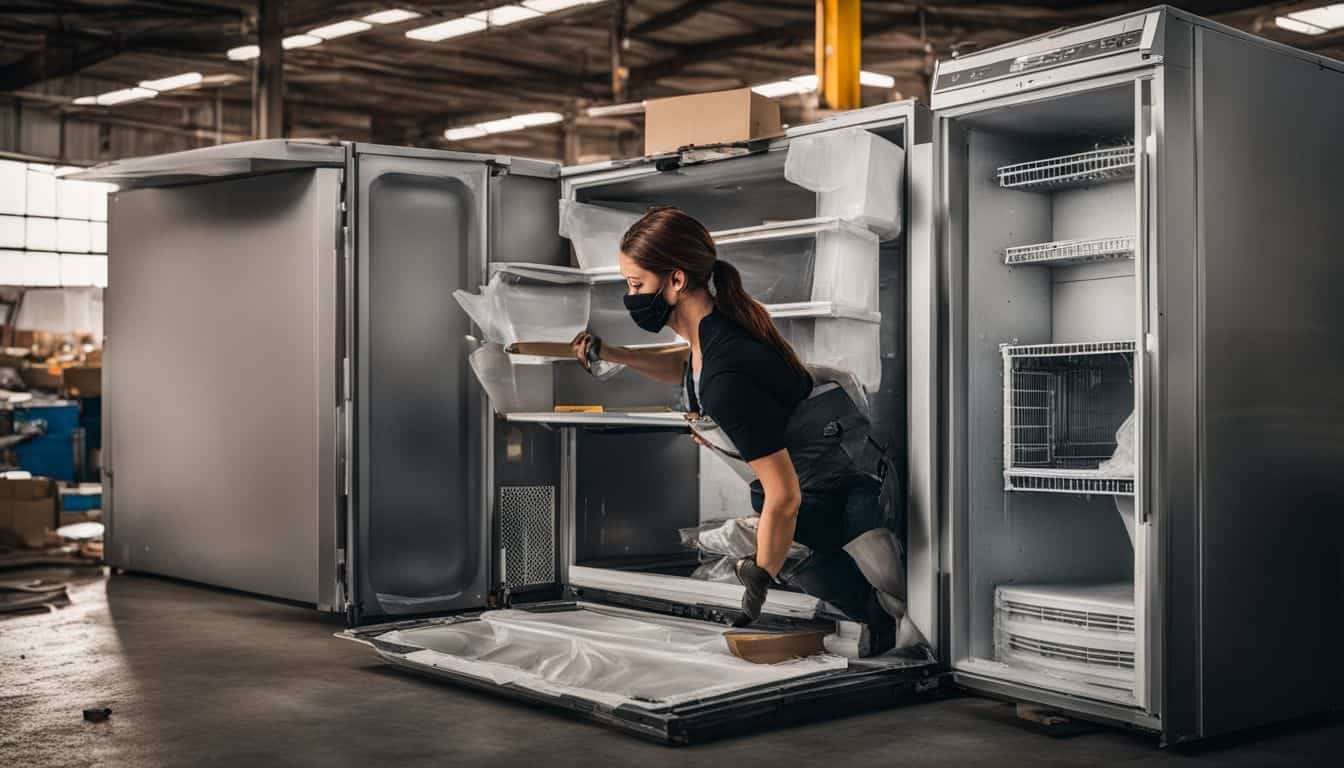 An old fridge freezer being responsibly dismantled and recycled in a facility. An old fridge freezer being responsibly dismantled and recycled in a facility.