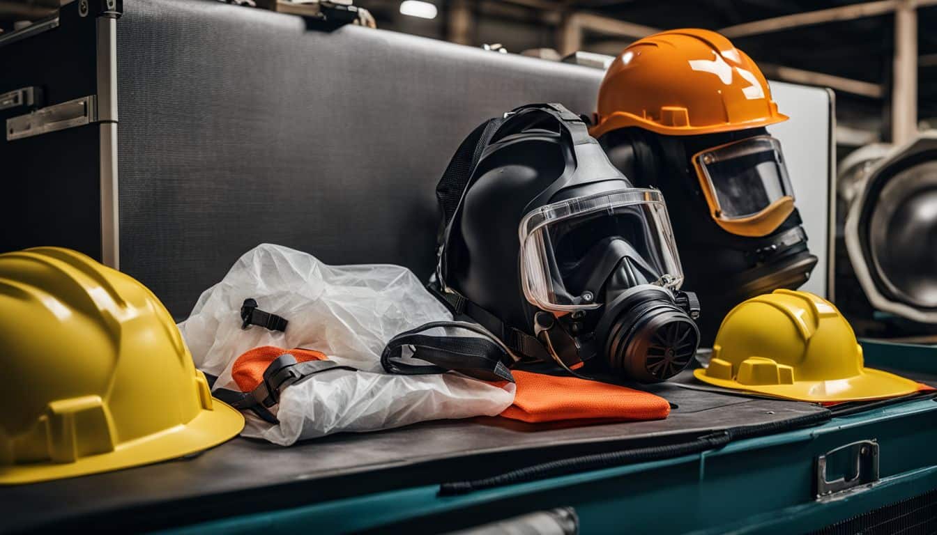 Asbestos removal safety gear laid out in a controlled environment. Asbestos removal safety gear laid out in a controlled environment.