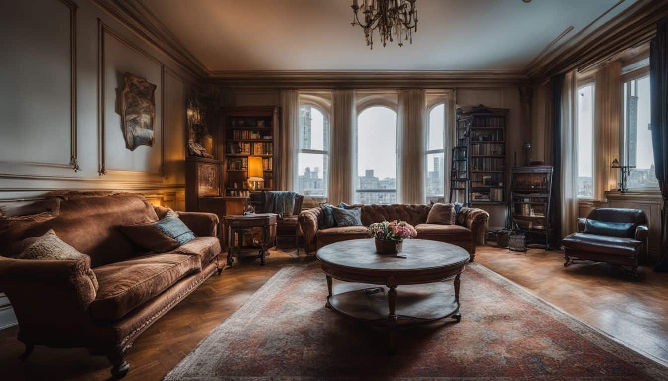 An empty living room with old furniture ready for sale.