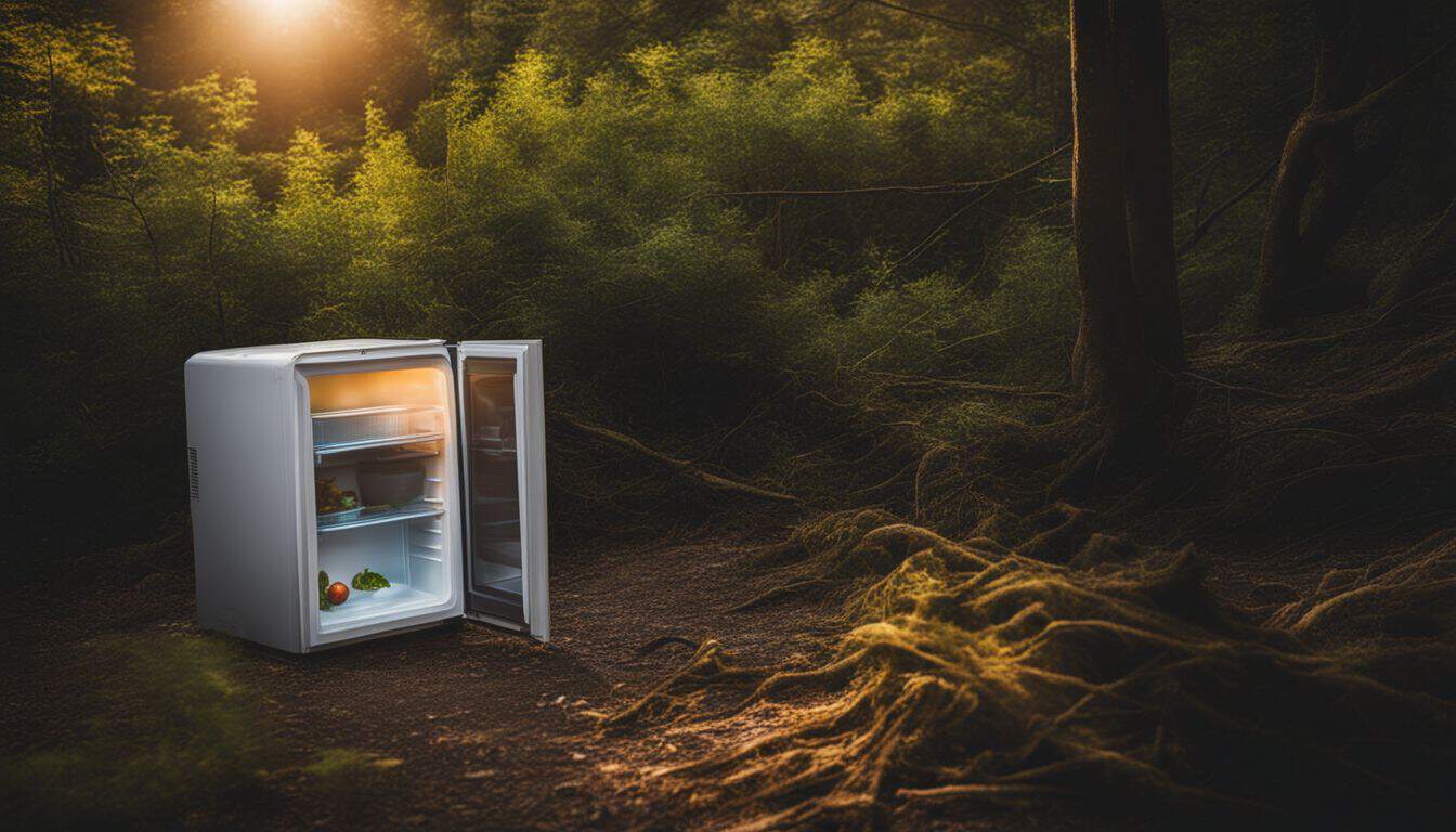 An abandoned fridge in a peaceful natural setting.