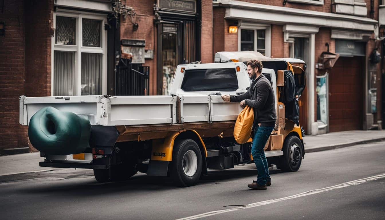 A man disposing of a bulky sofa on the curb for council collection.