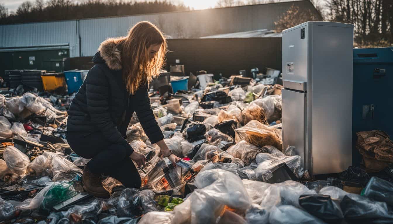 A person recycling a fridge freezer at a busy electronic waste centre.