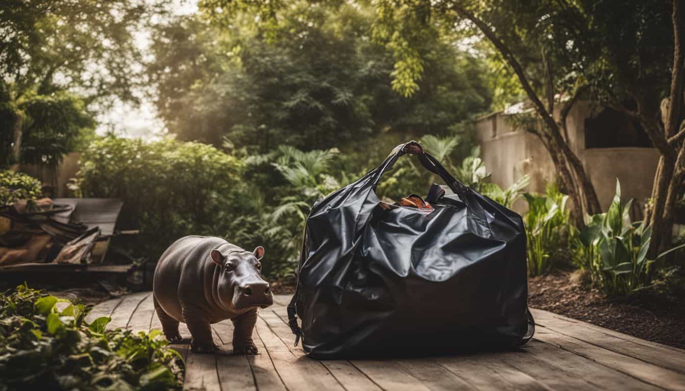 A Hippo Bag filled with garbage in a tidy backyard.